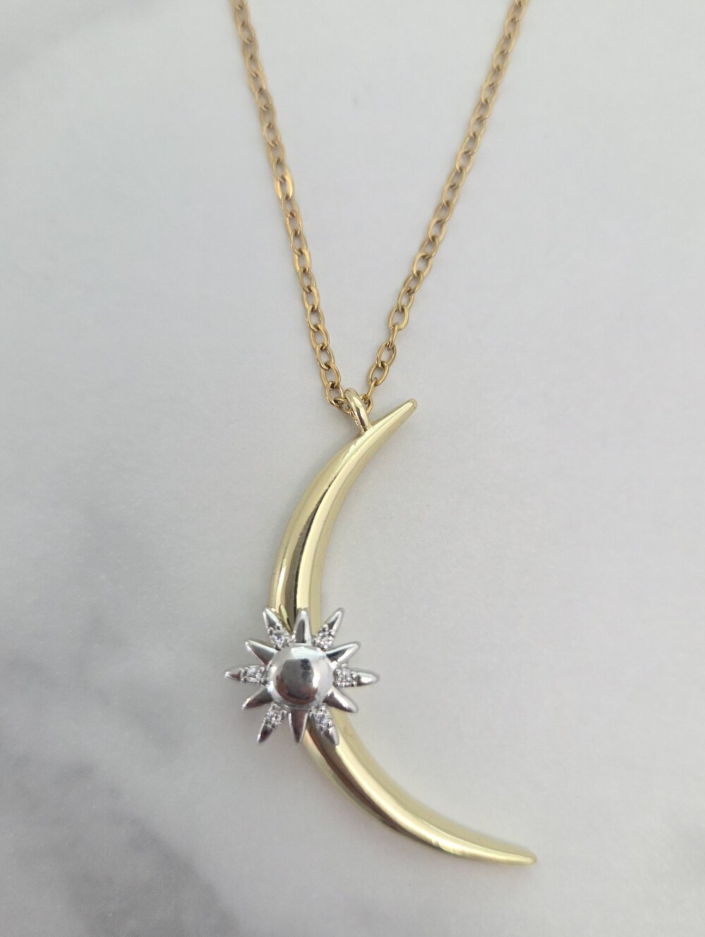 Gold Crescent Moon Sunburst Celestial Pendant Necklace - Picture 8 of 16